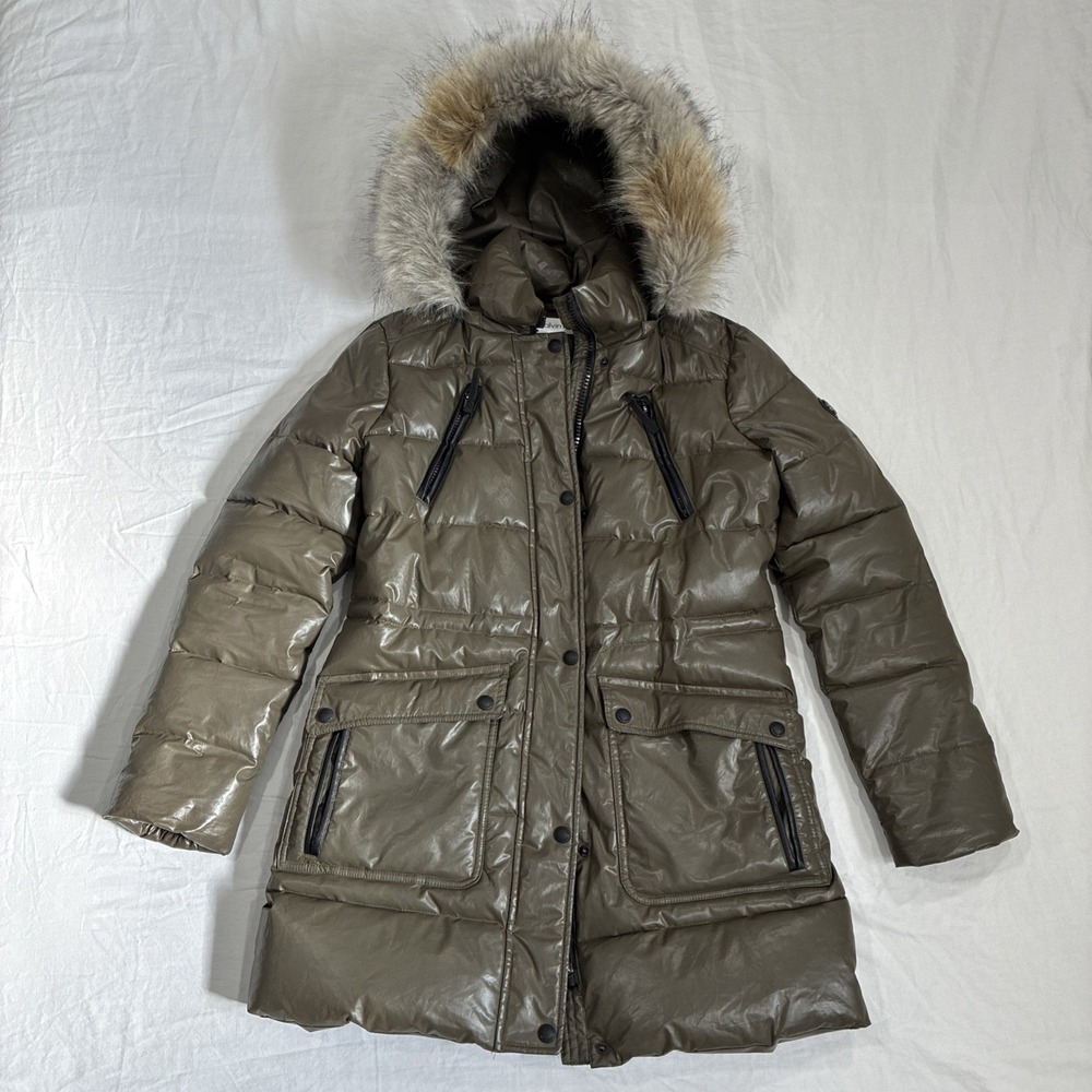 Calvin Klein Quilted Puffer Coat Parka Women's XS Green Winter Jacket Warm - Picture 1 of 16